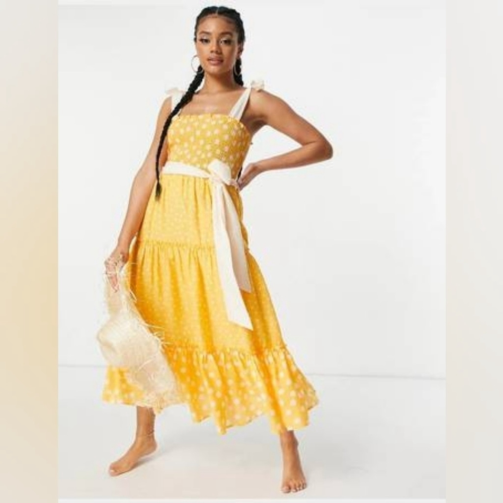 River Island Polka Dot Shirred Midi Beach Dress In Orange